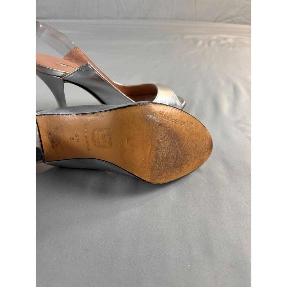Charles David Amelie Women Heels Slingback 6.5 Silver Peep Toe Leather Spain - Picture 6 of 13